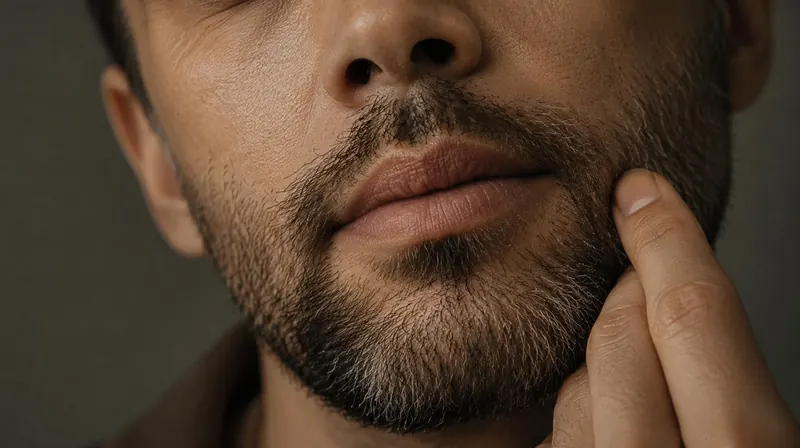 Close-up of a man touching his bearded jawline