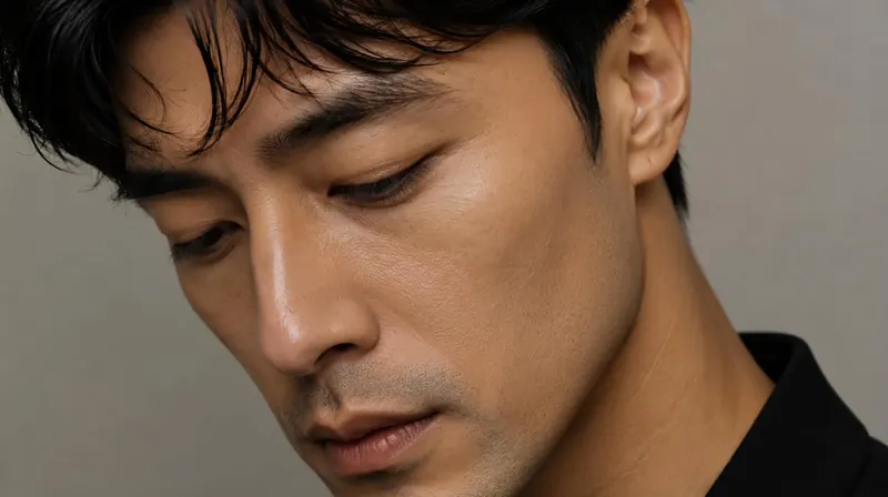 Man in a dark shirt looking down, confident portrait