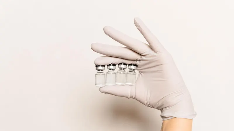 Provider’s gloved hand holding medication vials