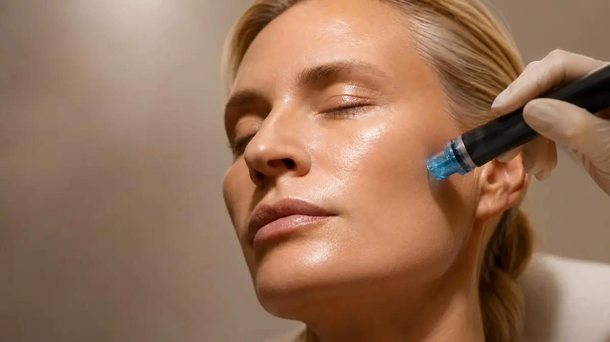 Woman receiving SkinPen microneedling treatment on her cheek
