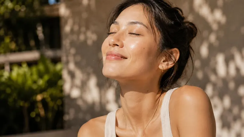 Woman smiling with eyes closed in warm sunlight